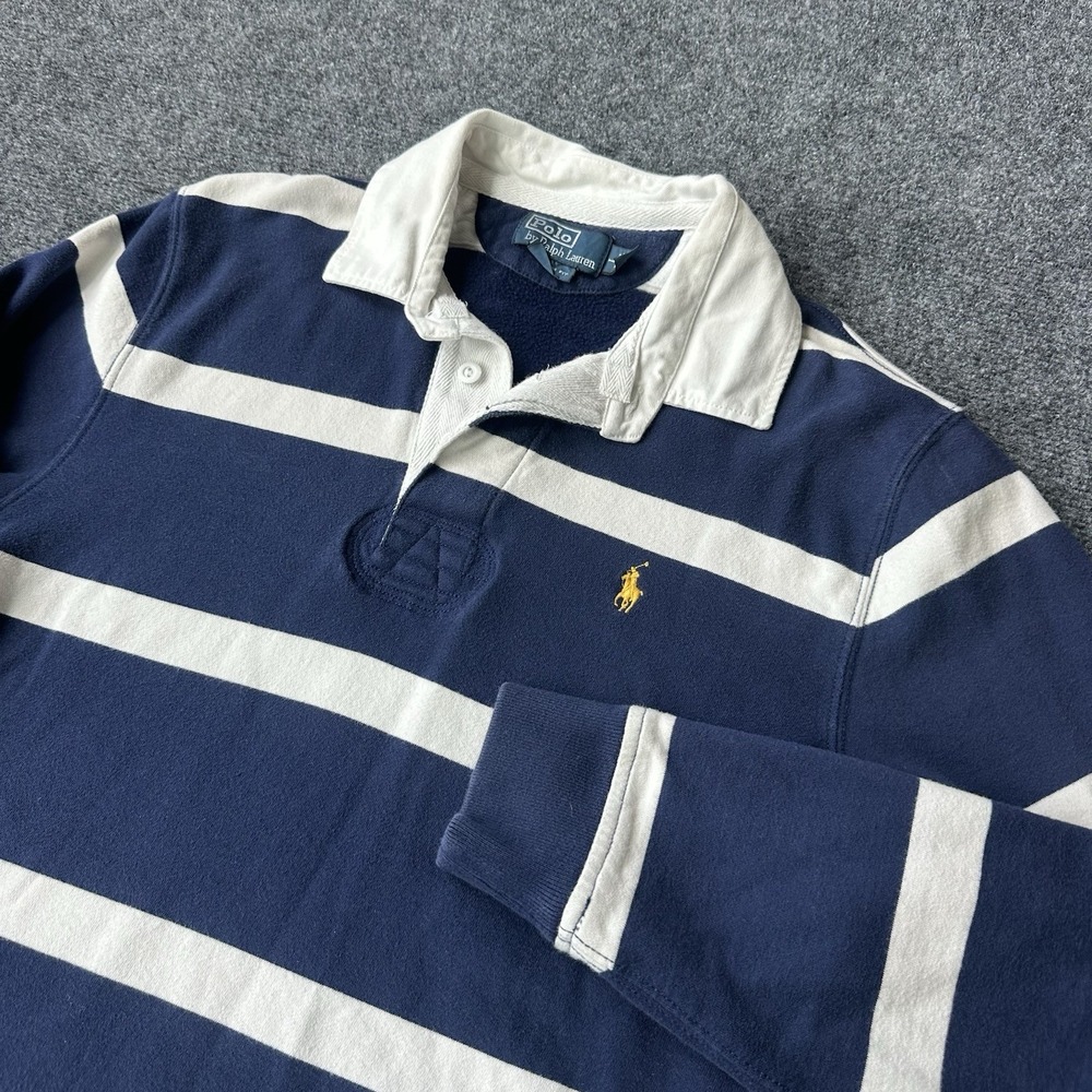 VTG Polo Ralph Lauren Striped Rugby Shirt Mens Large Blue White Striped Preppy